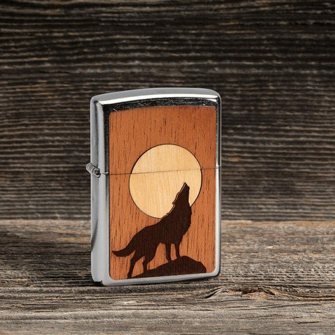 WOODCHUCK USA Howling Wolf Windproof Lighter on wood background