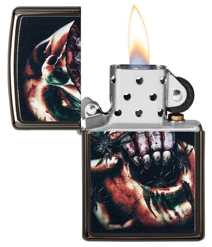 Lifestyle image of Split Face Design Windproof Lighter laying flat on neon colored background