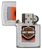 Harley-Davidson High Polish Chrome Windproof Lighter with its lid open and unlit