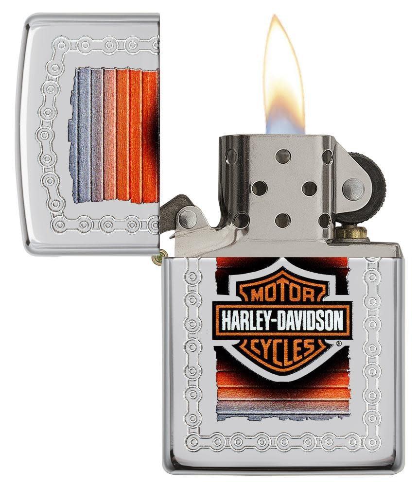 Harley-Davidson High Polish Chrome Windproof Lighter with its lid open and lit