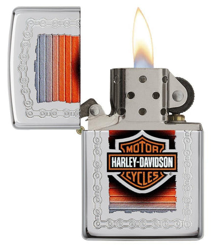 Harley-Davidson High Polish Chrome Windproof Lighter with its lid open and lit