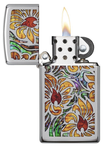 Fusion Floral Design Slim High Polish Chrome with its lid open and lit