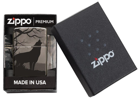 Wolves Design Photo Image 360° Black Ice Windproof Lighter in premium packaging