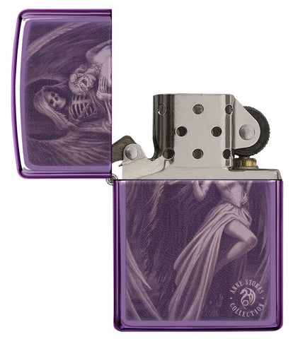 Anne Stokes High Polish Purple Windproof Lighter with its lid open and unlit