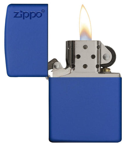 Front view of the Royal Blue Matte with Zippo Logo open and lit 