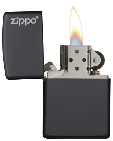 Front view of the Black Matte with Zippo Logo Lighters open and lit