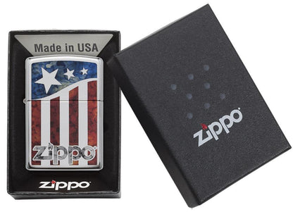 Front view of the Zippo US Flag closed in one box packaging