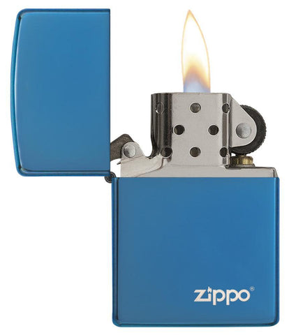 Classic High Polish Blue Zippo Logo Windproof Lighter with its lid open and lit