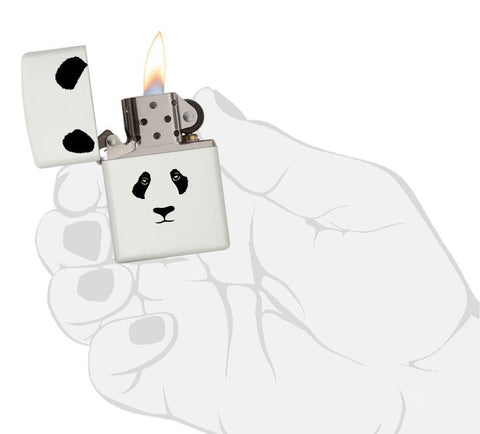 White Matte Panda Windproof Lighter in hand