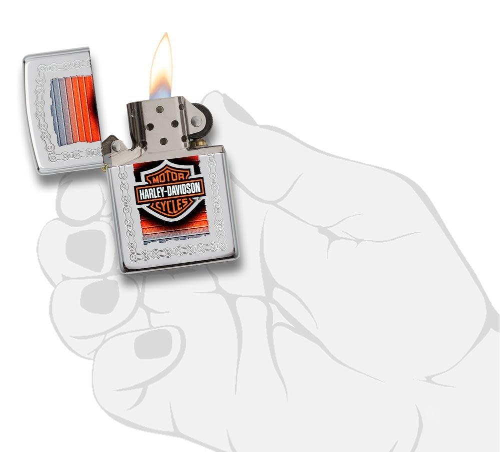 Harley-Davidson High Polish Chrome Windproof Lighter lit in hand