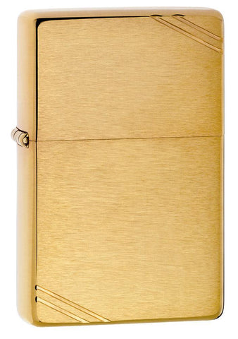 Front shot of Brushed Brass Vintage with Slashes Windproof Lighter standing at a 3/4 angle