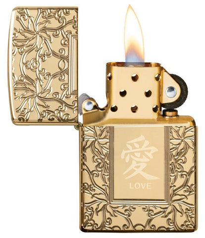 Armor™ High Polish Brass Chinese Love with its lid open and lit