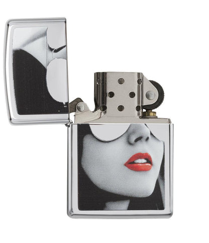 Gold Design High Polish Chrome Lighter with its lid open and unlit