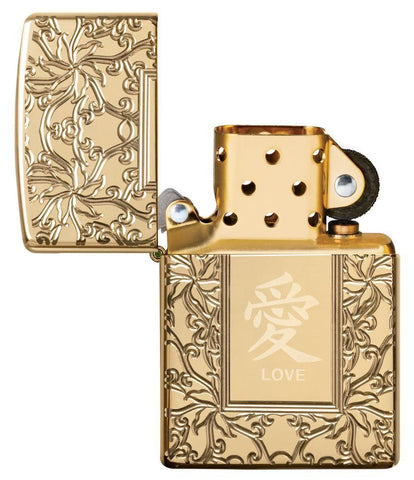 Armor™ High Polish Brass Chinese Love with its lid open and unlit