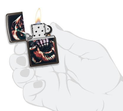 Split Face Design High Polish Black windproof lighter with its lid open and lit