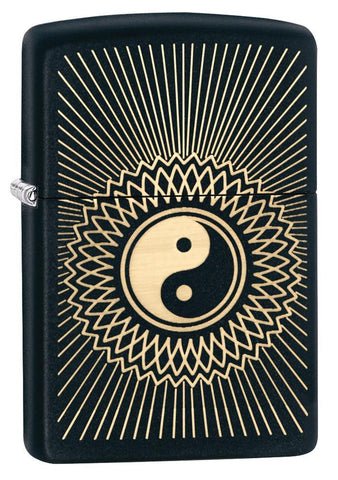 Front shot of Yin & Yang 2 Black Matte Windproof Lighter standing at a 3/4 angle
