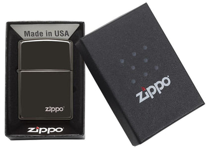 Classic High Polish Black Zippo Logo Windproof Lighter in its packaging