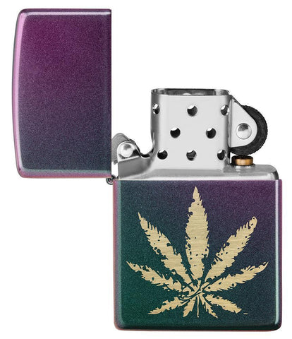 Iridescent Marijuana Leaf Windproof Lighter with its lid open and not lit