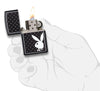 Front view of the White Playboy Bunny on Black Matte Lighter in hand, open and lit