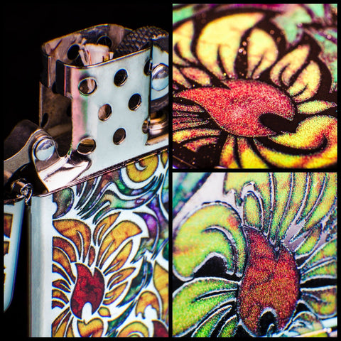 Detail shot of Fusion Floral Design Slim High Polish Chrome showing the lighters design and insert