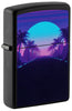 Front shot of Sunset Black Light Design Black Lighter Black Matte Windproof Lighter standing at a 3/4 angle.