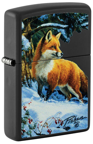 Front shot of Zippo Linda Pickens Fox Design Black Matte Windproof Lighter standing at a 3/4 angle.