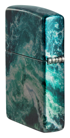 Angled shot of Zippo Rogue Wave Design 540 Fusion Windproof Lighter showing the back and hinge side of the lighter.