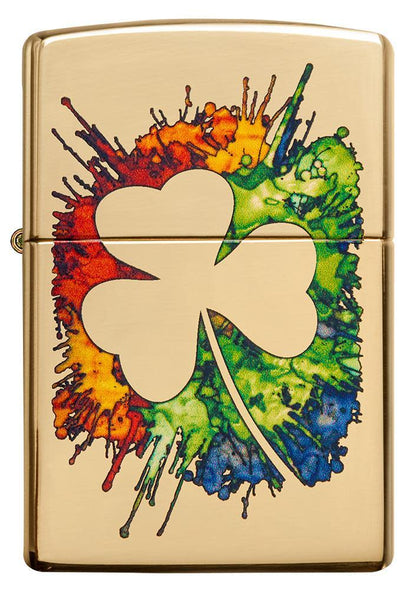 Front of Graffiti Clover Design High Polish Brass Windproof Lighter