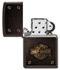 Harley-Davidson® Logo Leather Design Brown Windproof Lighter with its lid open and unlit