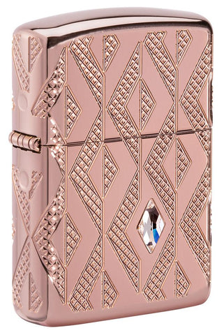 Front shot of Geometric Diamond Pattern Design Armor® Rose Gold Windproof Lighter standing at a 3/4 angle.