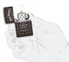 Jack Daniel's® Photo Image 360® Black Ice® Windproof Lighter lit in hand.
