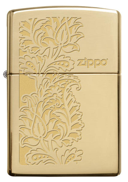 Front view of the Golden Paisley Zippo Design on a High Polish Brass Lighter