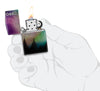 Zippo Colorful Sky Design 540 Tumbled Chrome Windproof Lighter lit in hand.
