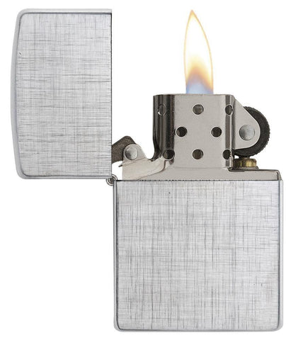 Front view of the Linen Weave Finish Lighter open and lit 