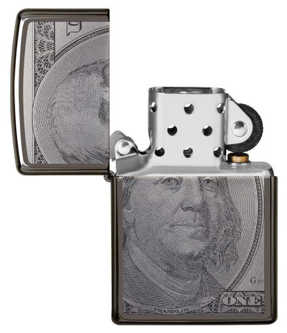 Front view of the Currency Design Lighter open and unlit