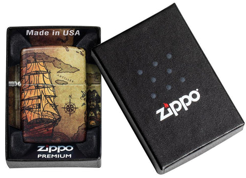 Pirate Ship Design 540 Color Windproof Lighter in its premium packaging