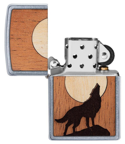 WOODCHUCK USA Howling Wolf Windproof Lighter open and unlit