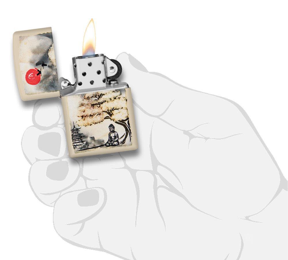 Front view of the Pagoda Bonsai Buddha Design open in hand and lit