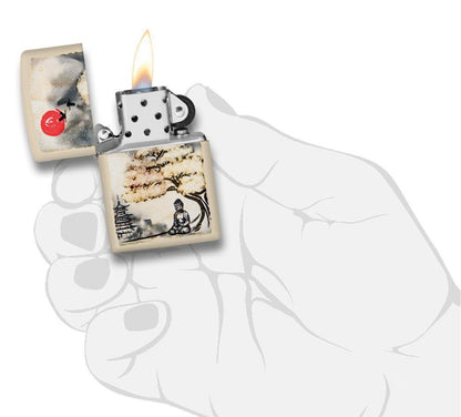 Front view of the Pagoda Bonsai Buddha Design open in hand and lit