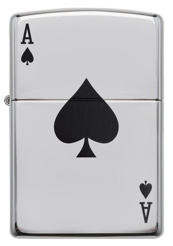 Black Ace of Spades Card High Polish Chrome Windproof Lighter Front View, Black Ace of Spades Card, Color Image, High Polish Chrome Finish