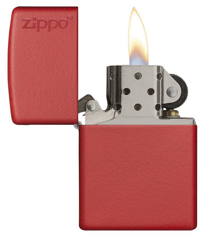 Classic Red Matte Zippo Logo Windproof Lighter with its lid open and lit
