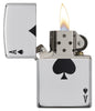 Black Ace of Spades Card High Polish Chrome Windproof Lighter open and lit