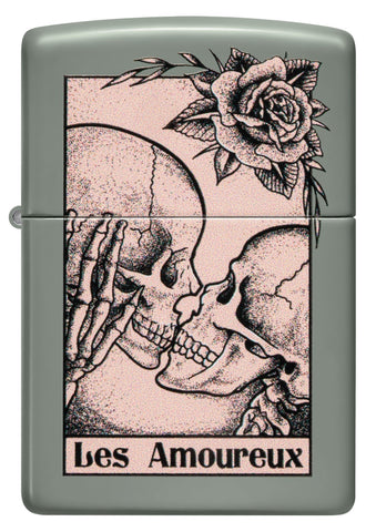 Front view of Zippo Death Kiss Design Sage Windproof Lighter.