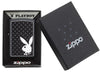 Front view of the White Playboy Bunny on Black Matte Lighter in one box packaging
