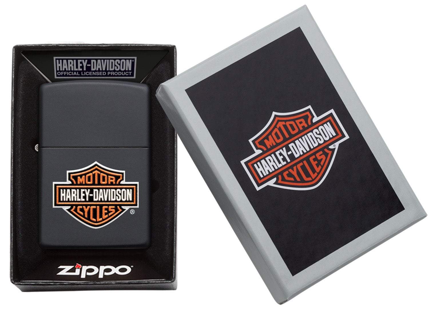 Harley-Davidson® Texture Print Classic Logo Black Matte Lighter in hand and lit