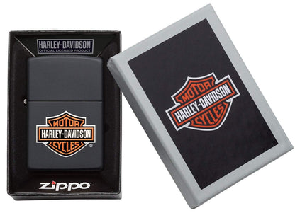 Harley-Davidson® Texture Print Classic Logo Black Matte Lighter in hand and lit