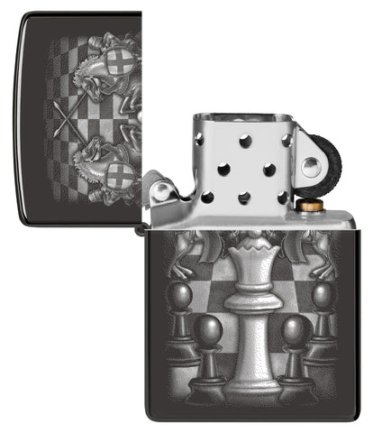 Zippo Chess Design High Polish Black Windproof Lighter with its lid open and unlit.