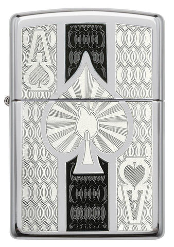 Intricate Ace of Spades High Polish Chrome Windproof Lighter Front View