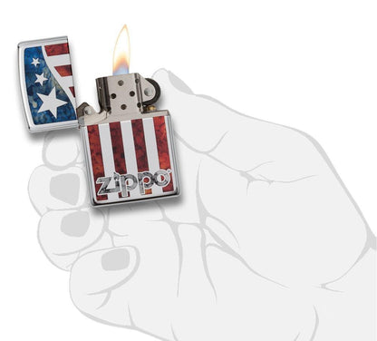 Front view of the Zippo US Flag, Fusion open, lit and in hand 
