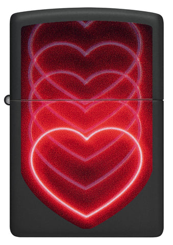 Front view of Zippo Black Light Hearts Design Black Matte Pocklet Lighter.